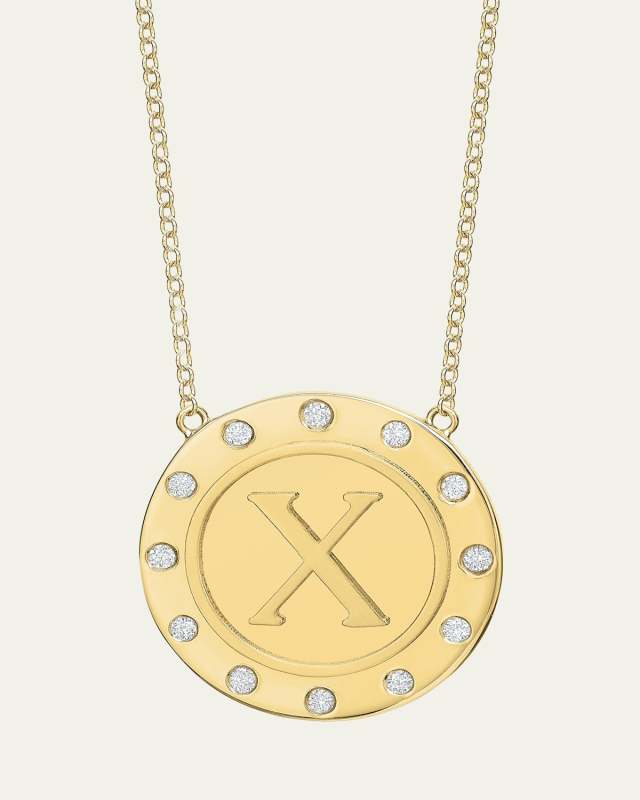 14K Gold Initial Token Necklace with Diamonds